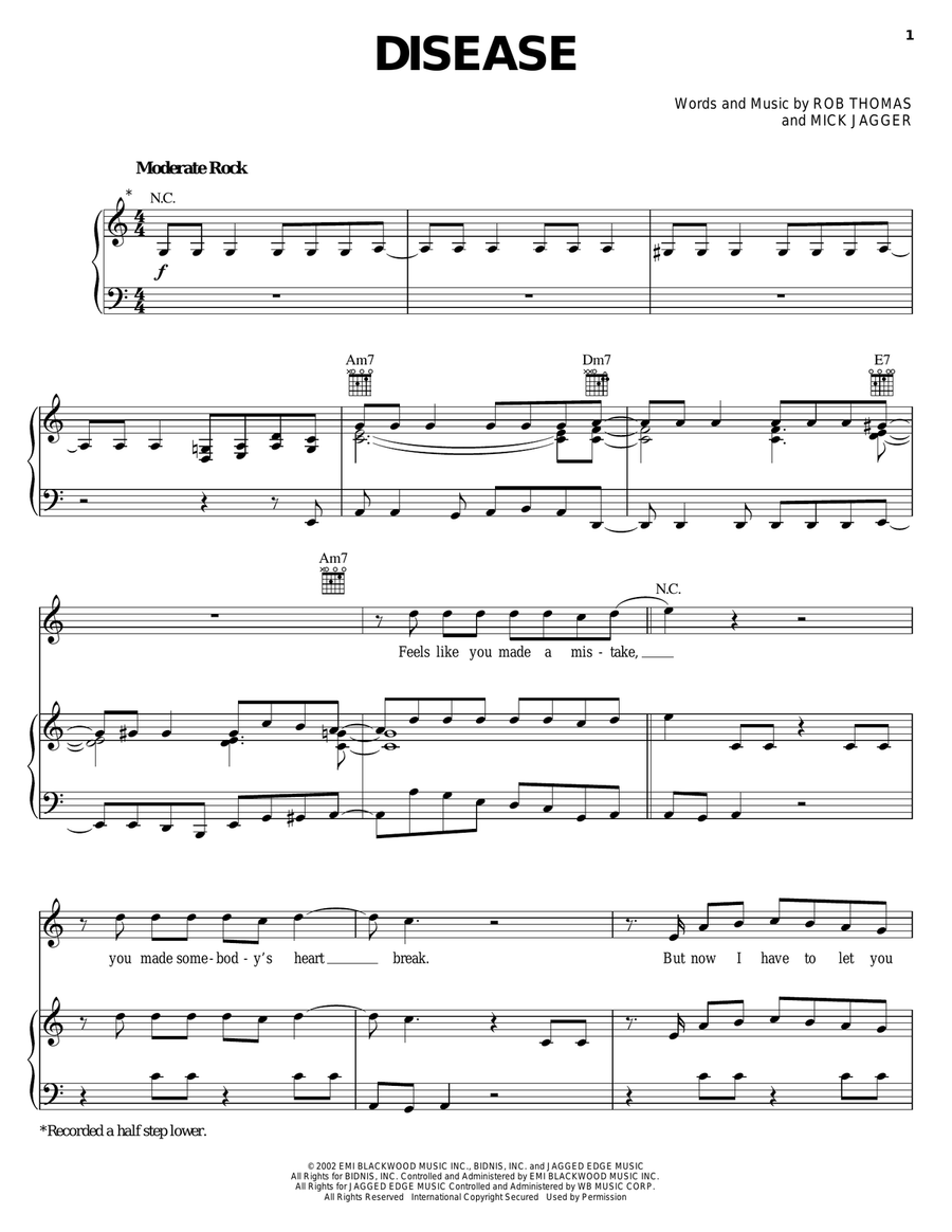 Disease Piano, Vocal, Guitar scores gallery preview page 1