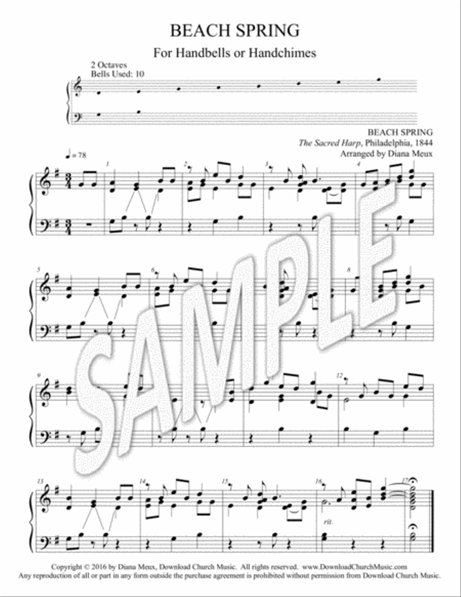 BEACH SPRING tune (for Handbells or handchimes - 2 octaves, 10 bells) 2-Octaves scores gallery preview page 1