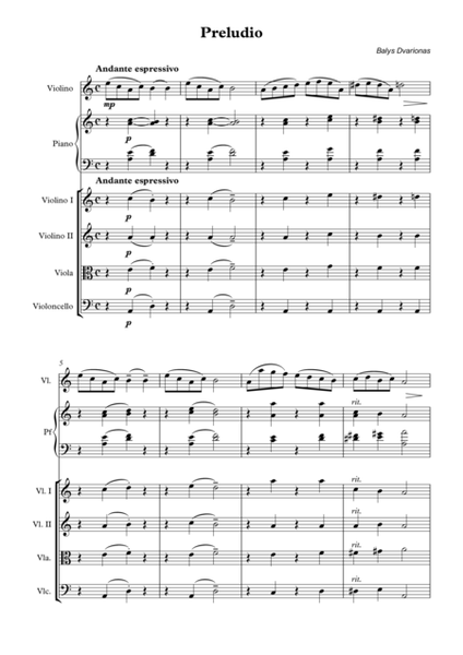 Preludio - Balys Dvarionas - violino, piano and string quartet  Digital Sheet Music