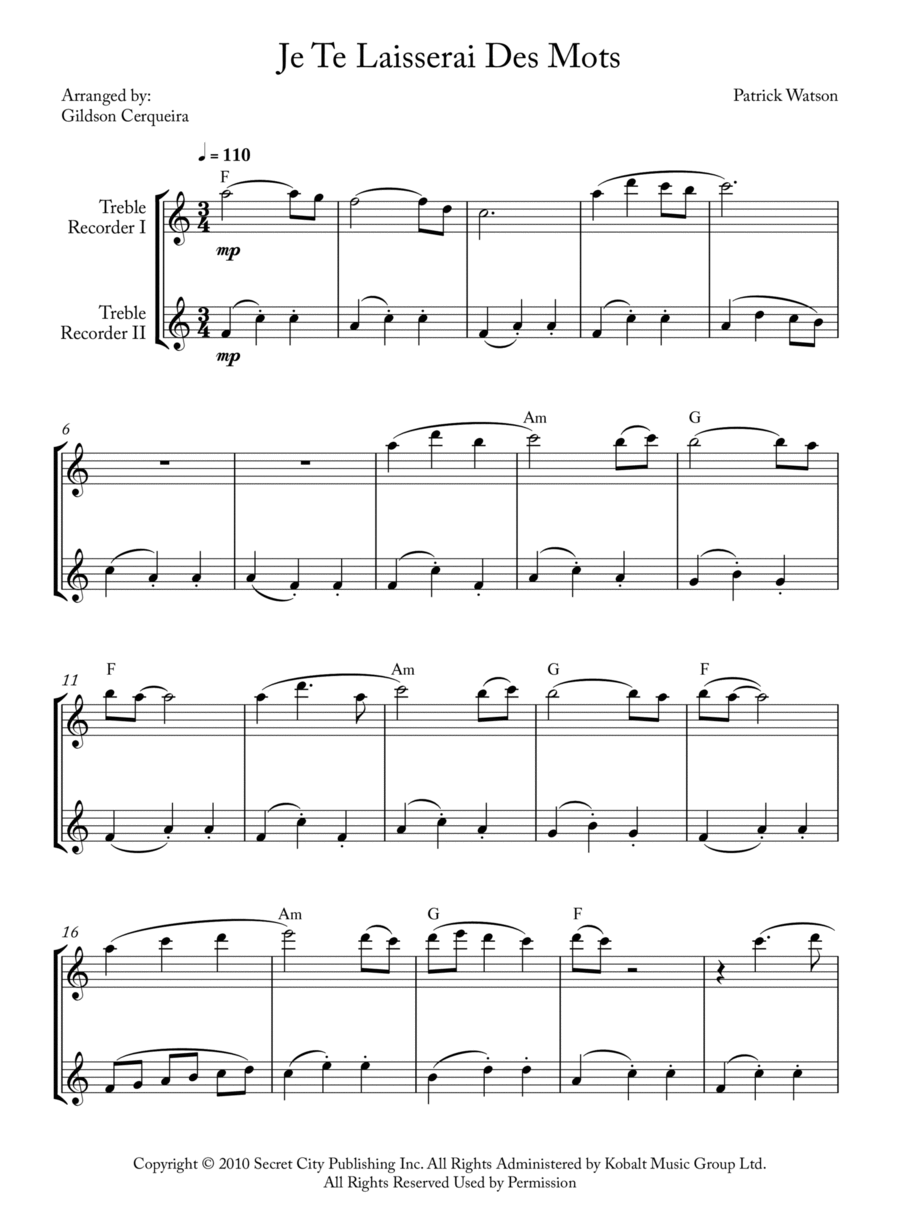 Je Te Laisserai Des Mots Woodwind Duet scores gallery preview page 1