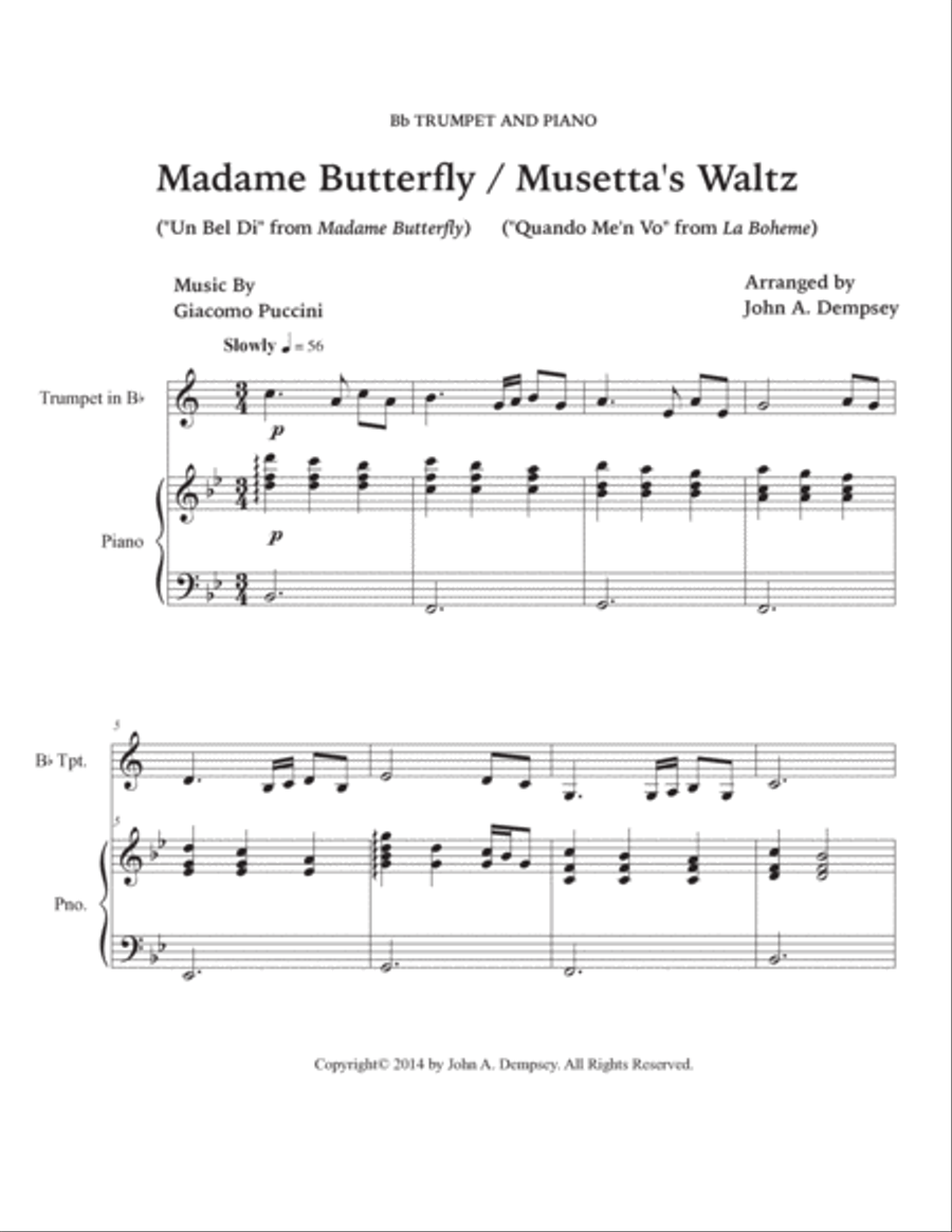 Puccini Medley: Un Bel Di (Madame Butterfly) and Musetta's Waltz (La Boheme): Trumpet and Piano Trumpet Solo scores gallery preview page 5