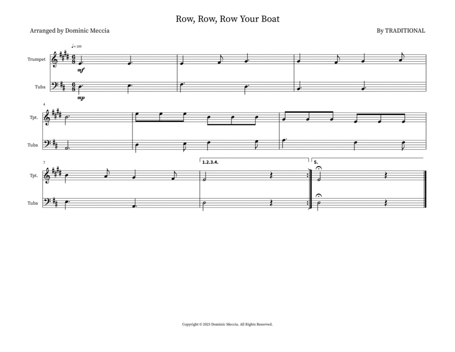 Row, Row, Row Your Boat Brass Duet scores gallery preview page 1
