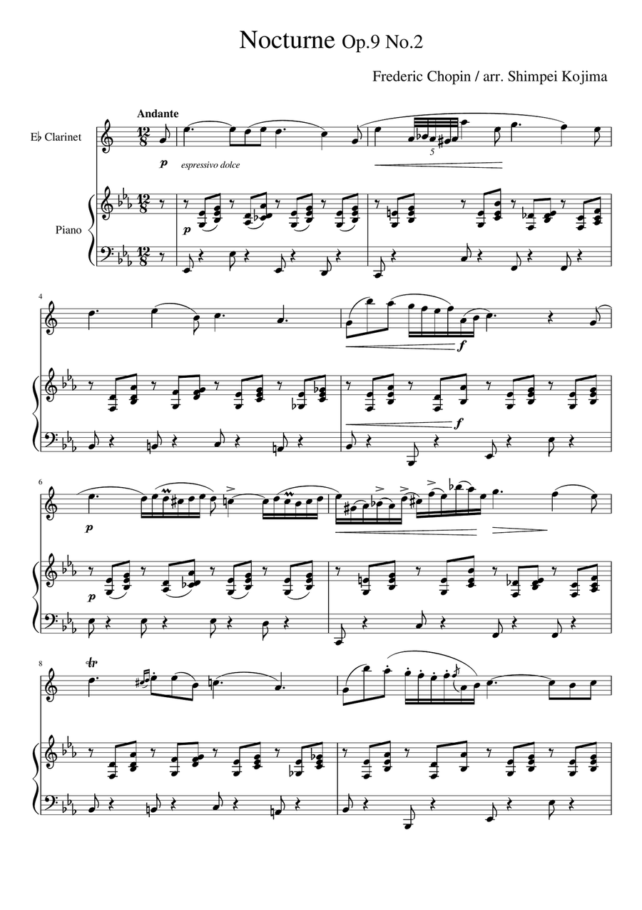 Chopin : Nocturne Op.9-2 (for Eb Clarinet and Piano) Woodwind Duet scores gallery preview page 1