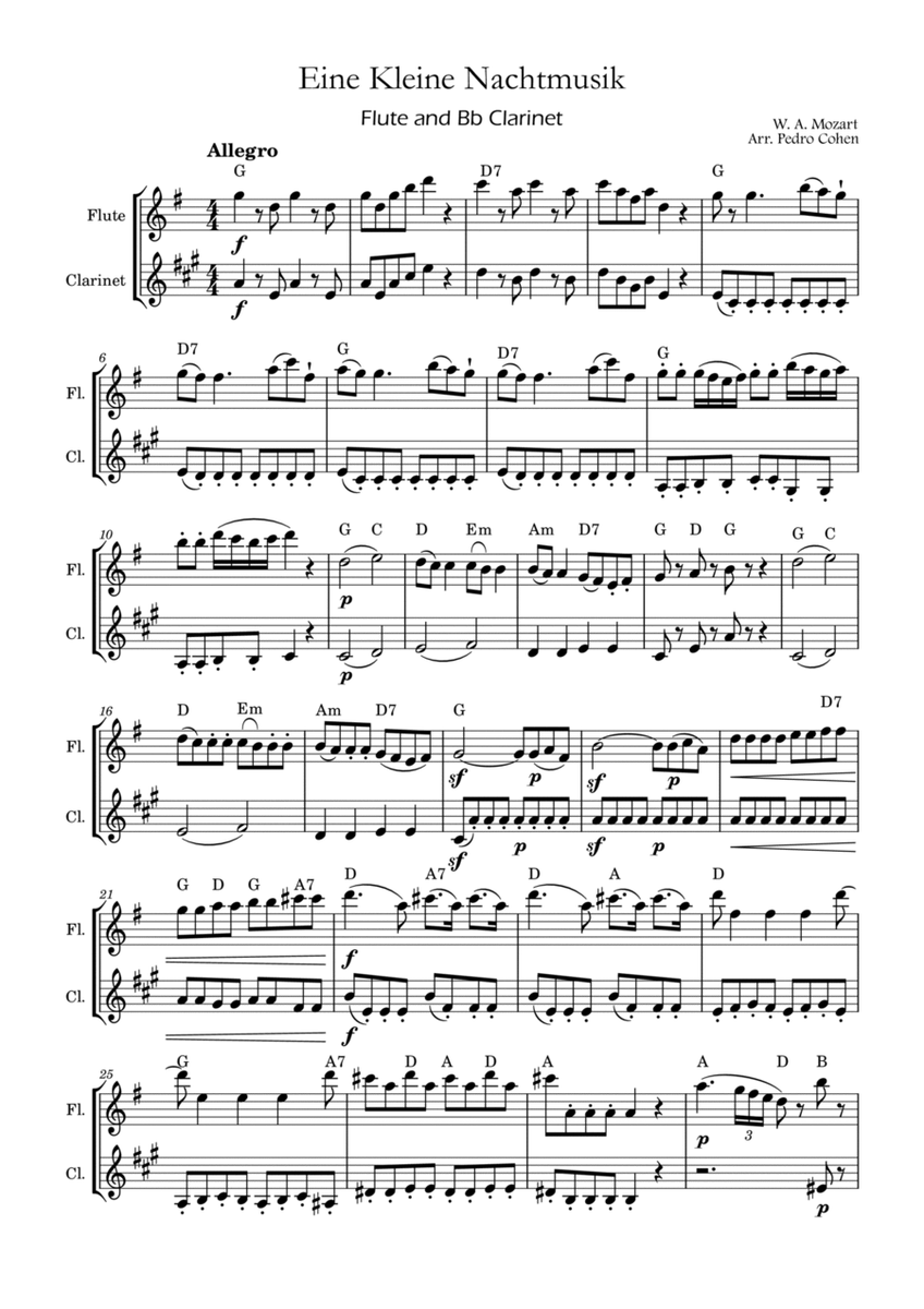 Eine Kleine Nachtmusik - flute and Bb clarinet version w/ chords image number null
