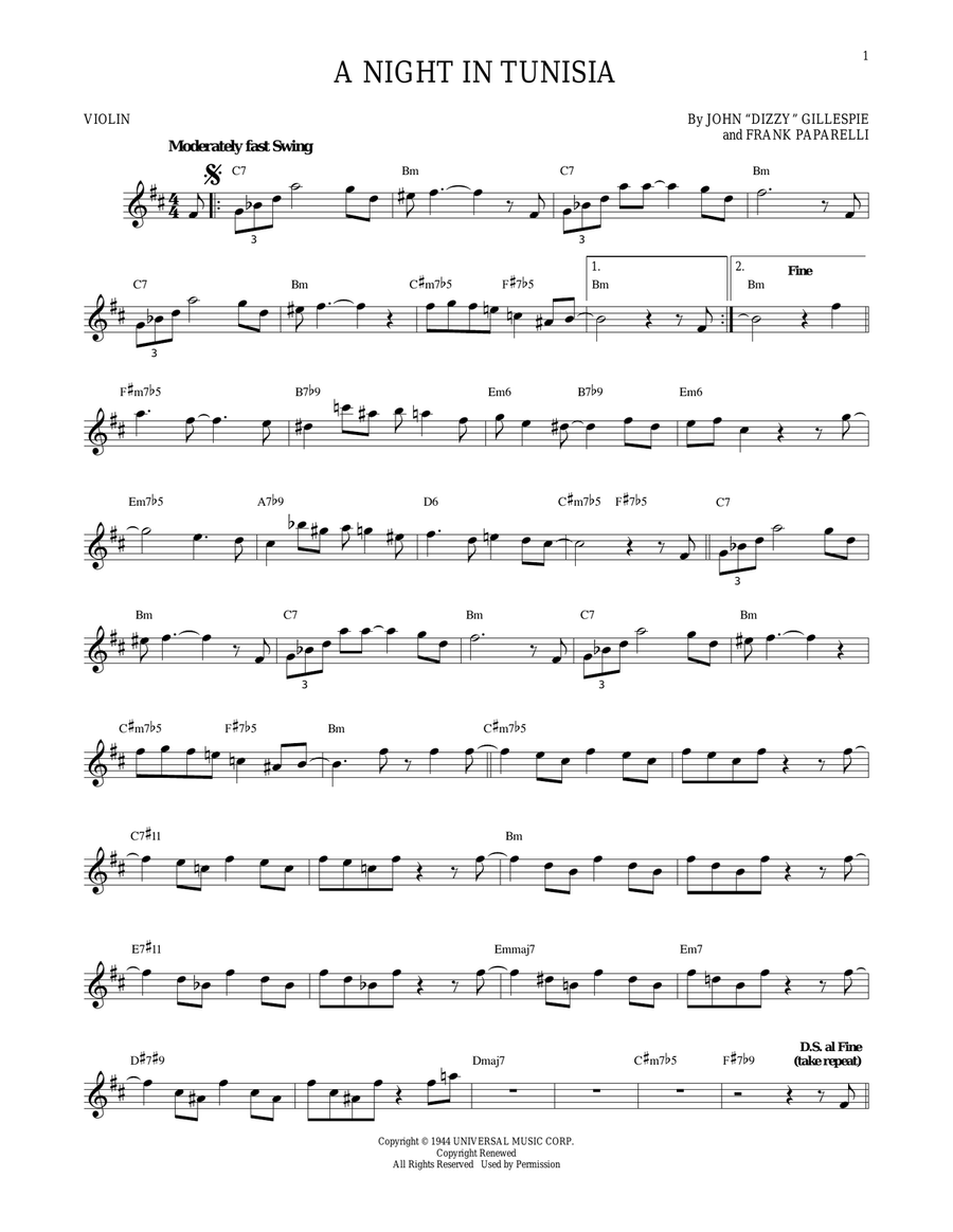 A Night In Tunisia Violin Solo scores gallery preview page 1