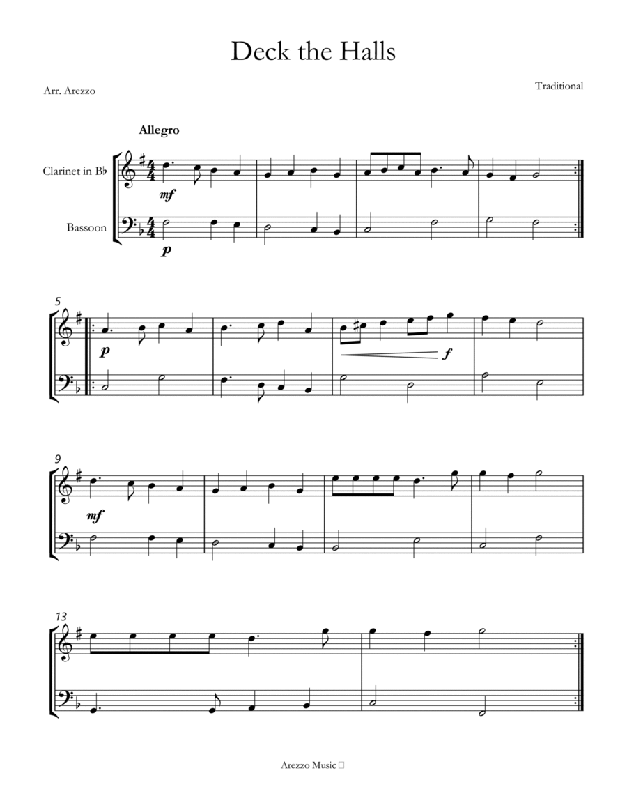 deck the halls for sheet music arrangement Clarinet and bassoon image number null