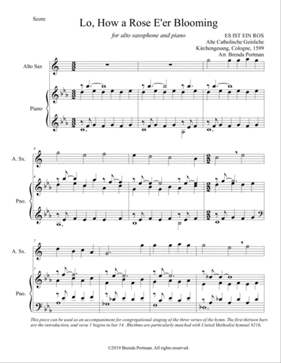Lo, How a Rose E'er Blooming (alto sax/piano), arr. Brenda Portman Alto Saxophone scores gallery preview page 1
