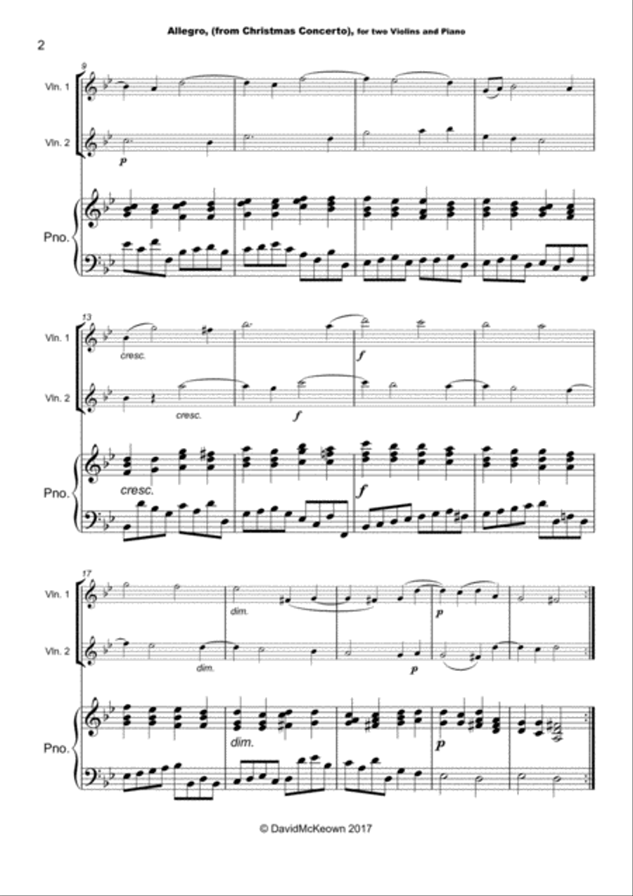 Christmas Concerto, Allegro, by Corelli; for Violin Duet or Solo, with optional Piano String Duet scores gallery preview page 3