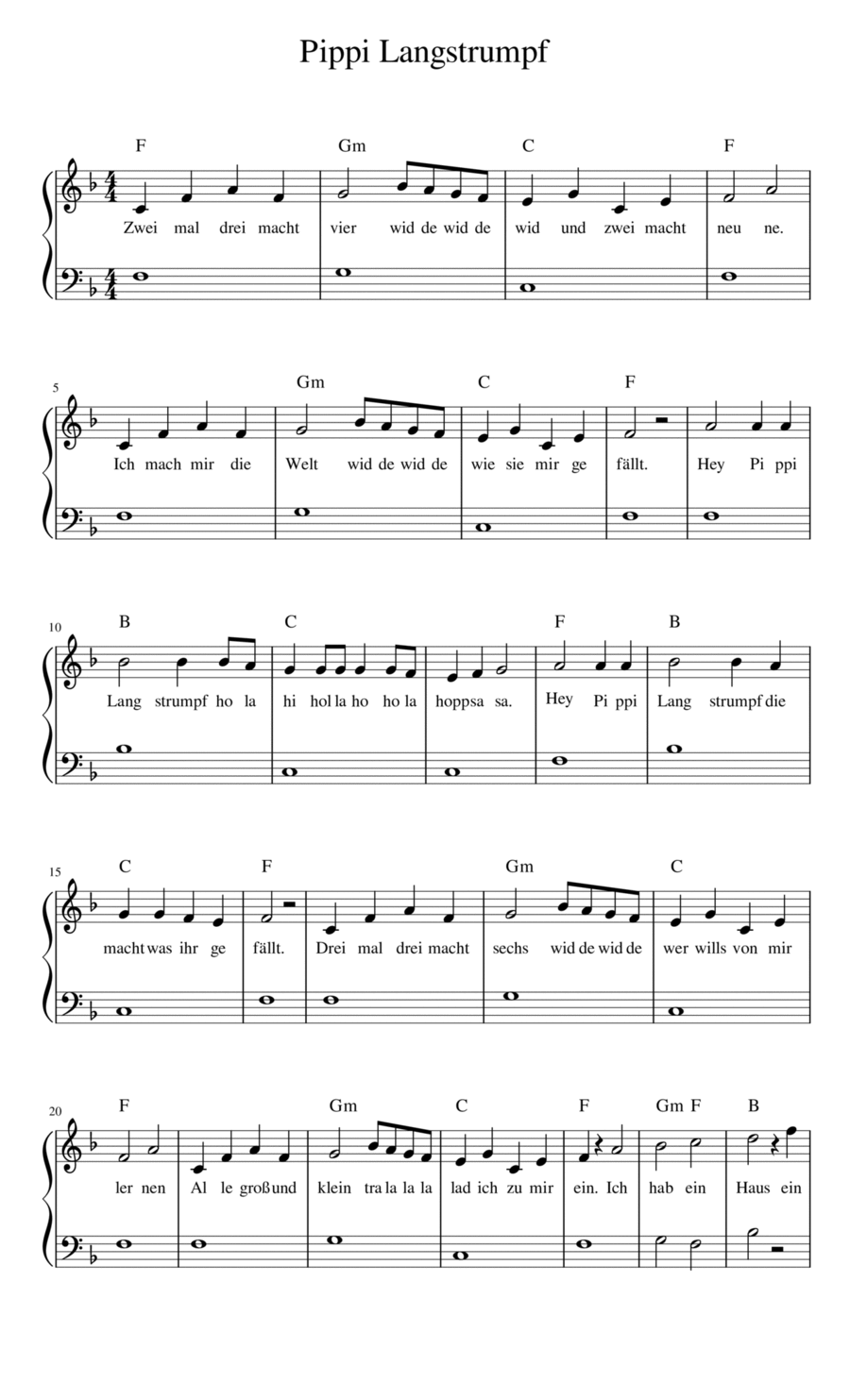 Pippi Langstrump Theme Easy Piano scores gallery preview page 1