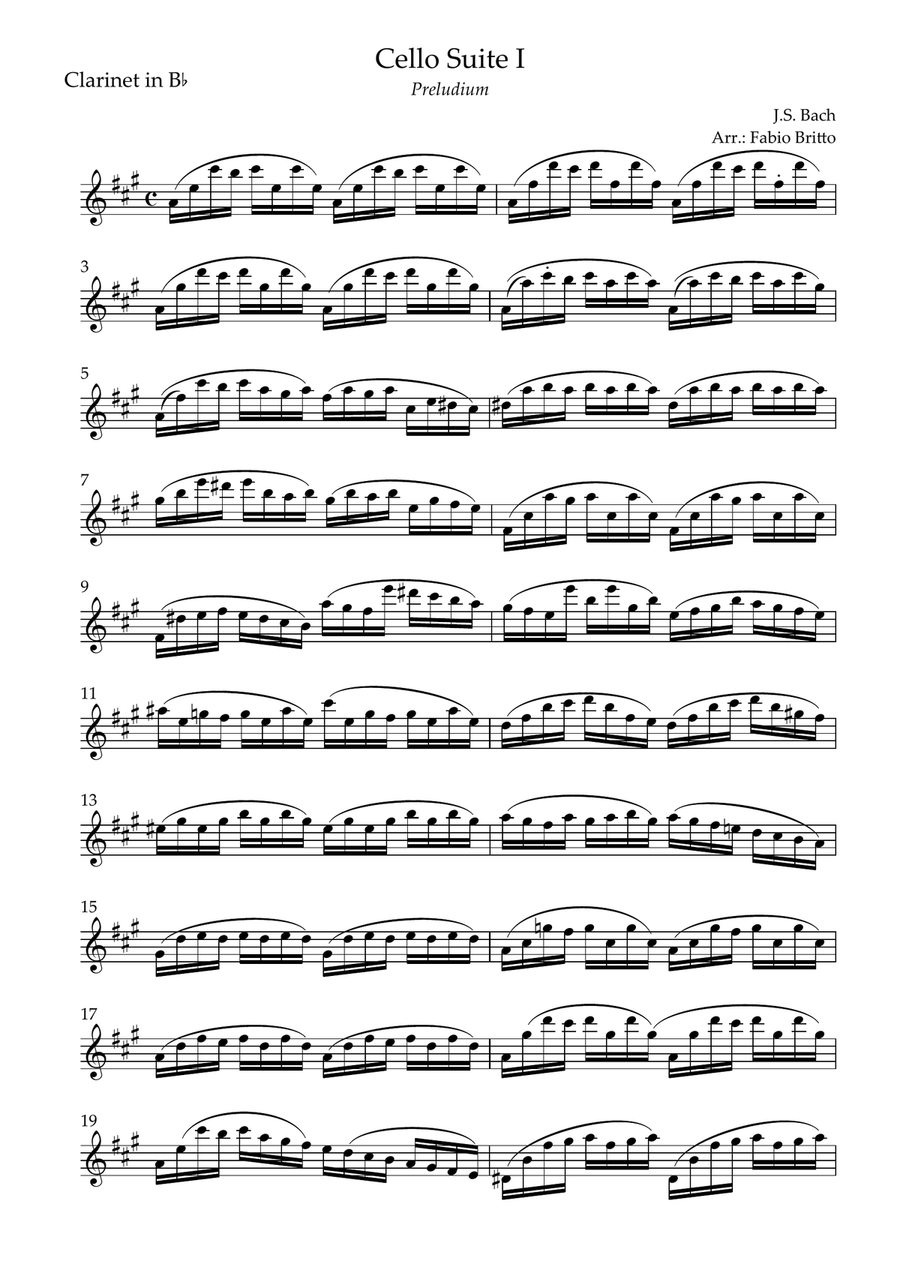 Preludium (from Cello Suite no.1 - J. S. Bach) for Clarinet in Bb Solo