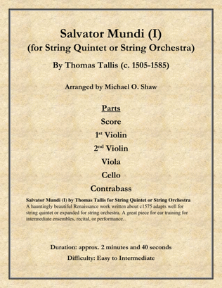 Salvator Mundi by Thomas Tallis for String Quintet or String Orchestra