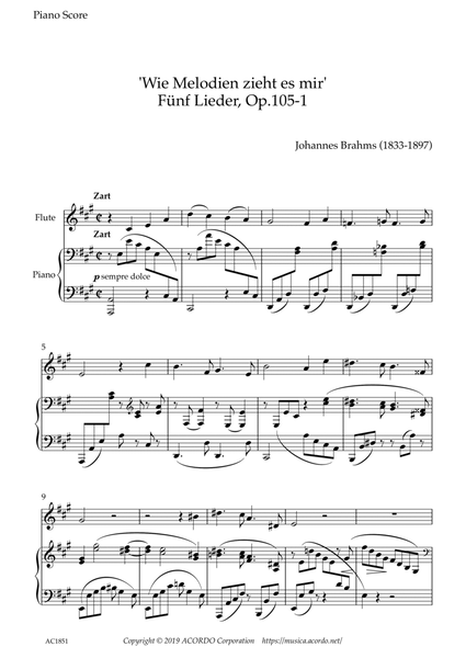'Wie Melodien zieht es mir (It moves like a melody)' Op.105-1 for Flute & Piano image number null