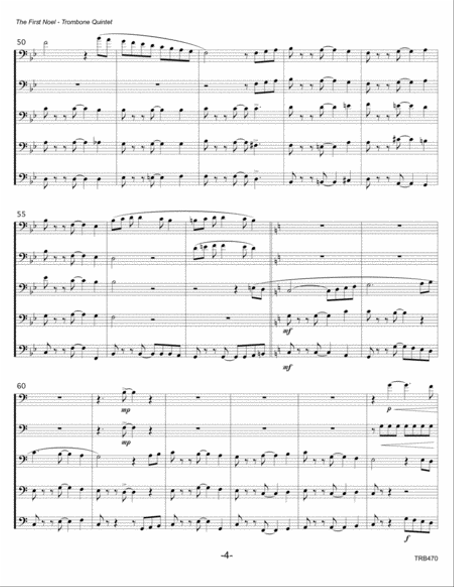 THE FIRST NOEL for TROMBONE QUINTET with optional Percussion Brass Ensemble scores gallery preview page 4