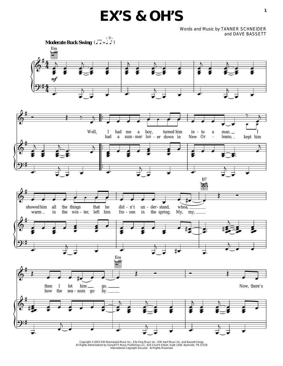 Ex's & Oh's Piano, Vocal, Guitar scores gallery preview page 1
