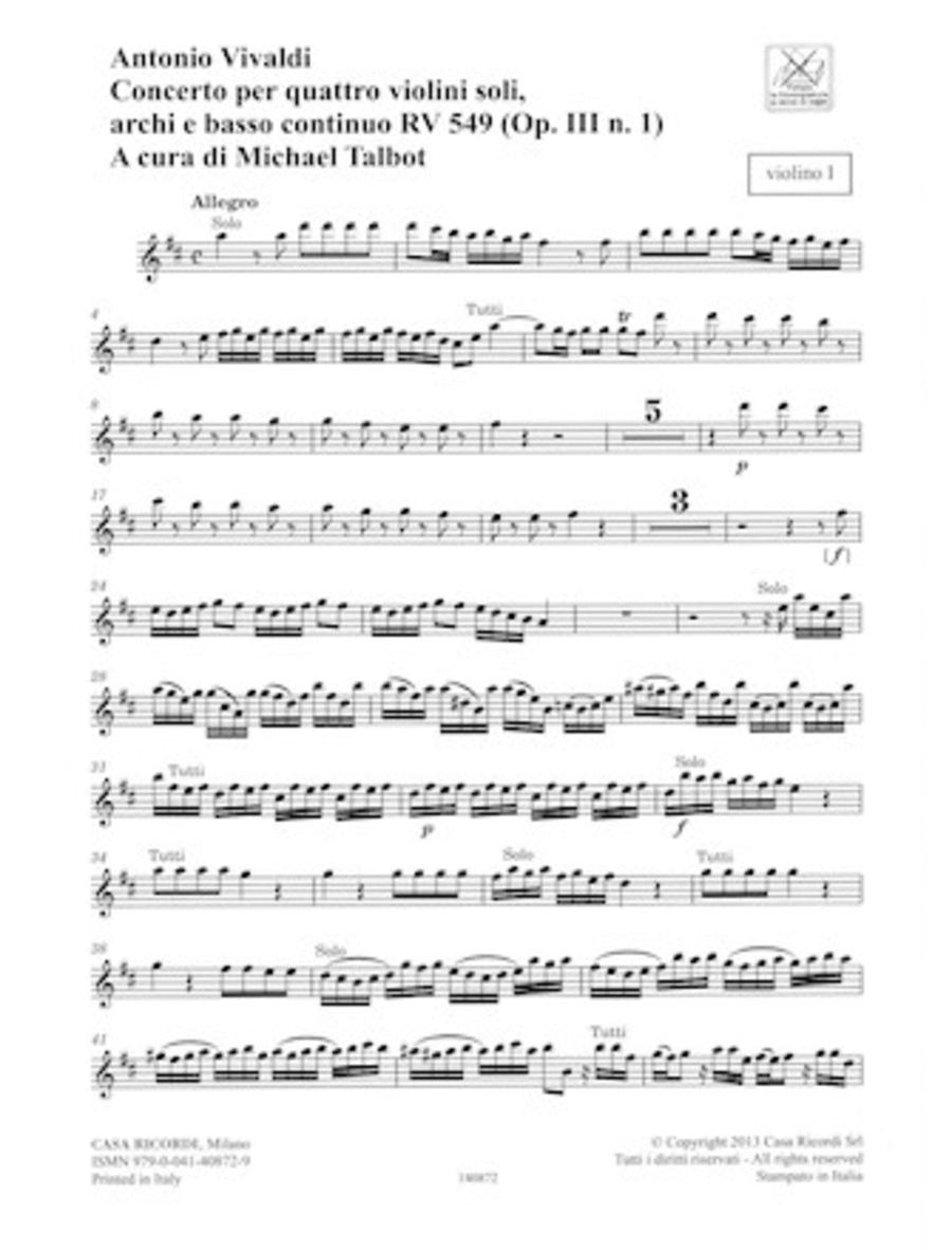 Concerto D Major 4 Violins Strings Continuo Rv549 (op. 3, No. 1) Parts