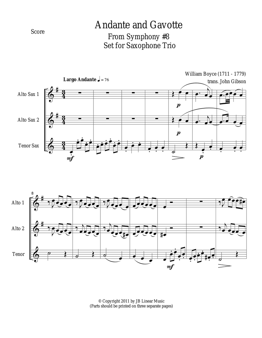 Andante and Gavotte by William Boyce for Saxophone Trio Woodwind Trio scores gallery preview page 1