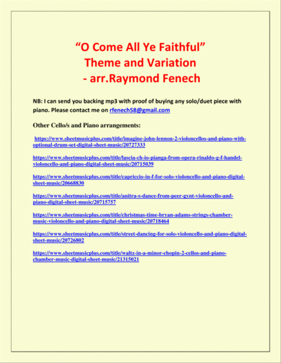 O Come All Ye Faithful (Adeste Fidelis) - Theme and Variation for Cello and Piano - Advanced Level Piano scores gallery preview page 3