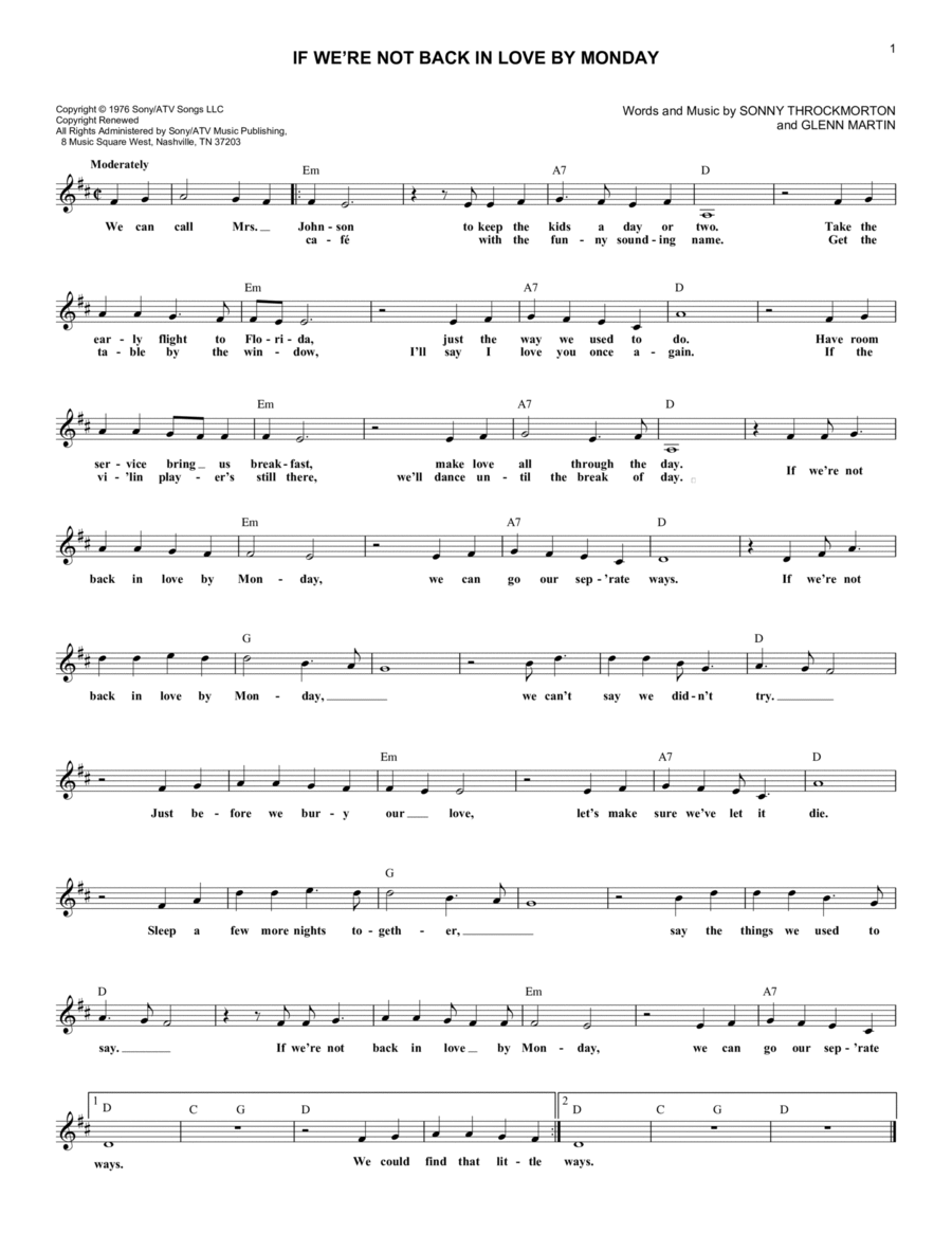If We're Not Back In Love By Monday Piano scores gallery preview page 1