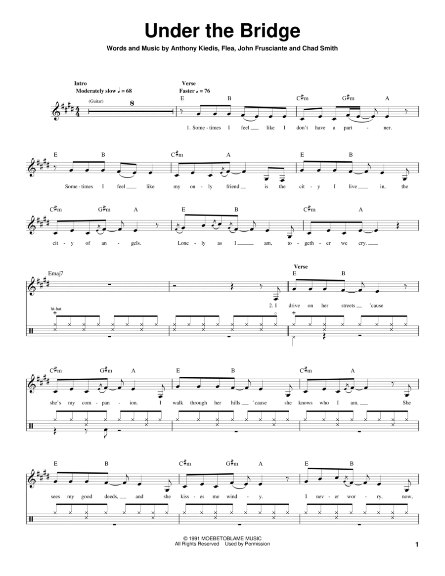 Under The Bridge by The Red Hot Chili Peppers Drum Set - Digital Sheet Music