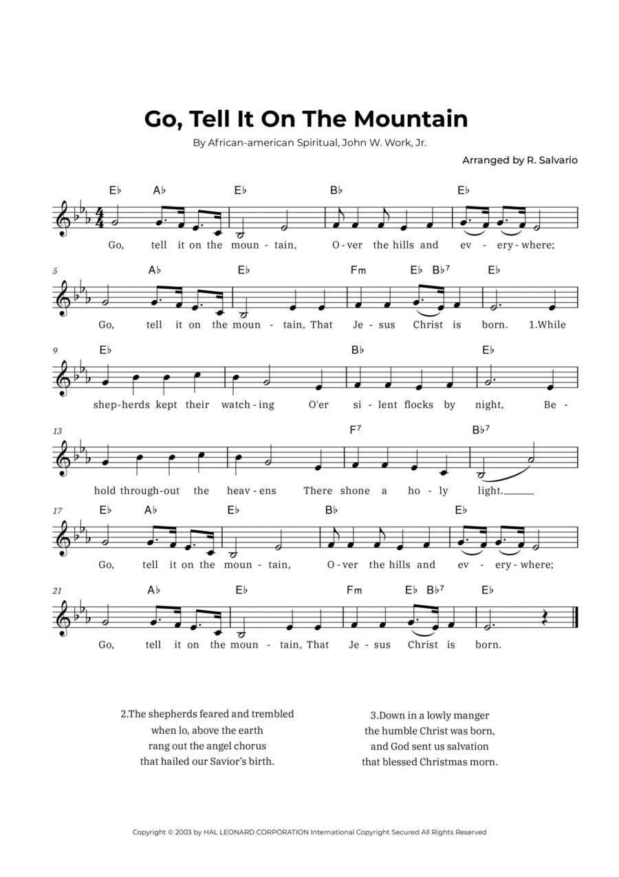 Go, Tell It On The Mountain (Key of E-Flat Major) Easy Piano scores gallery preview page 1