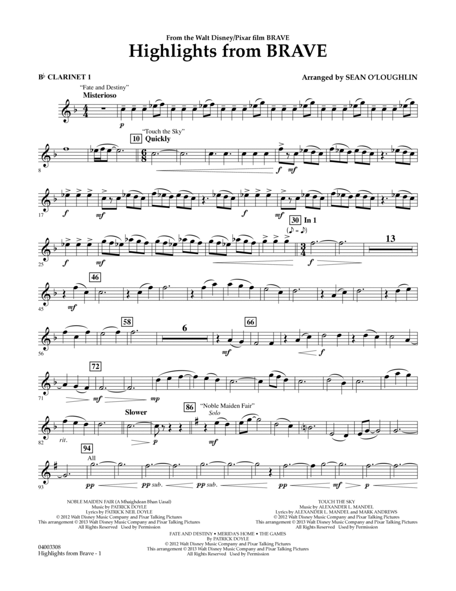 Highlights From Brave - Bb Clarinet 1 Concert Band scores gallery preview page 1