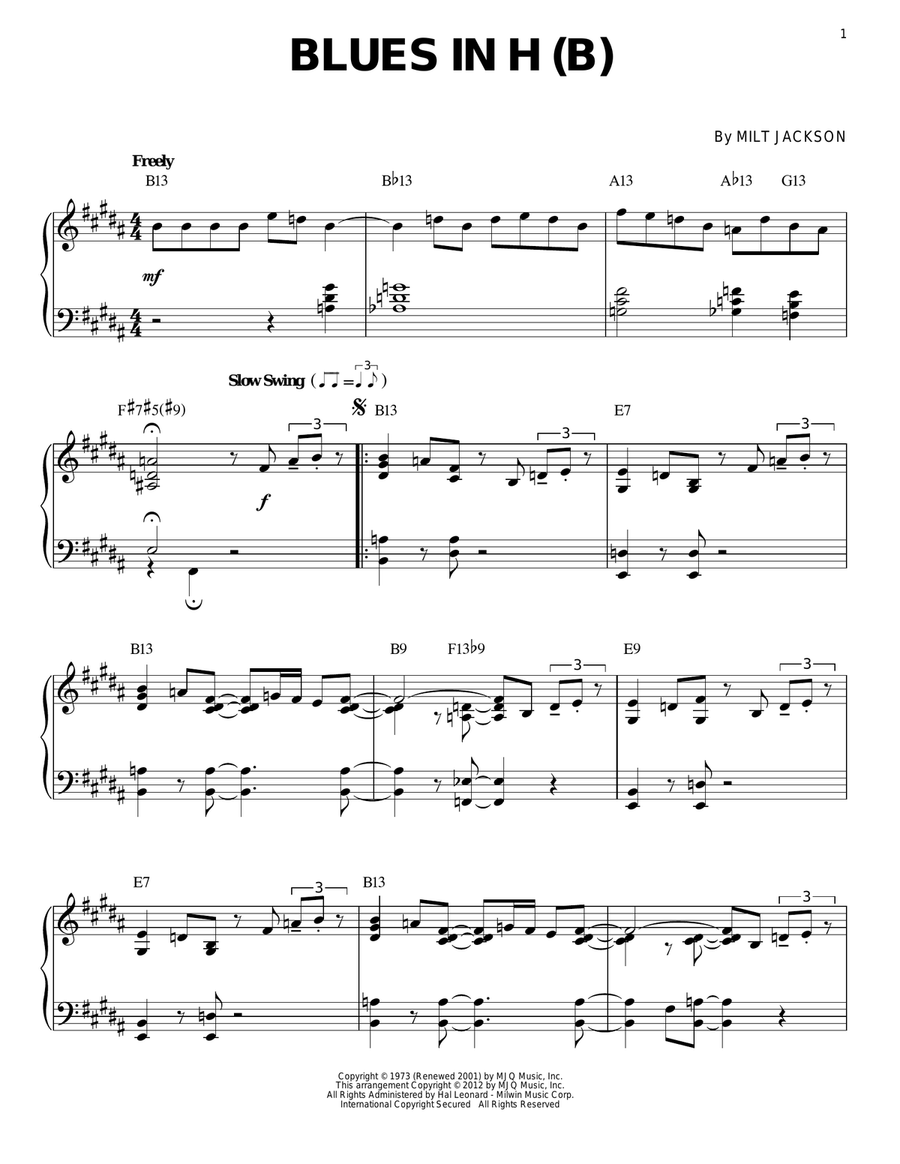 Blues In H (B) (arr. Brent Edstrom) Piano Solo scores gallery preview page 1