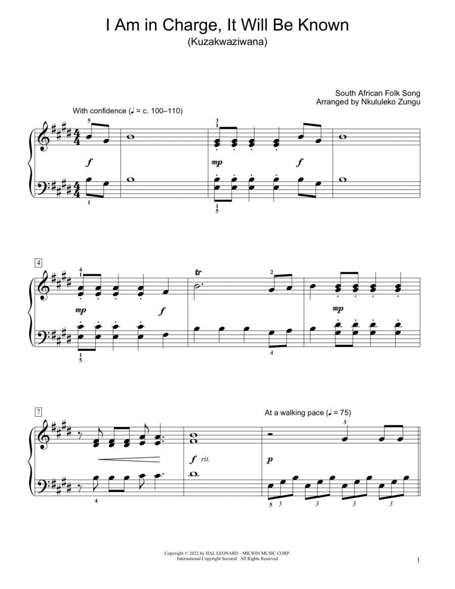 I Am In Charge, It Will Be Known (Kuzakwaziwana) (arr. Nkululeko Zungu) Piano Method scores gallery preview page 1