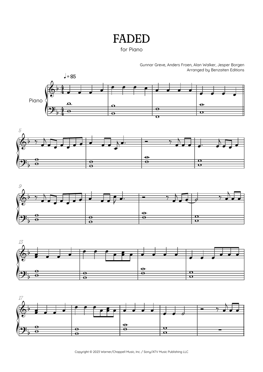 Faded Easy Piano scores gallery preview page 1