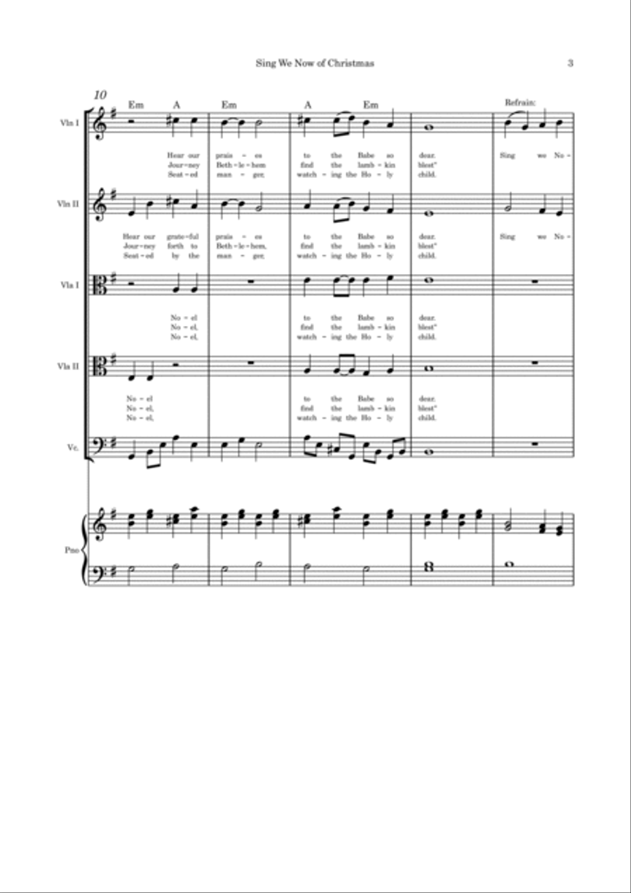 Sing We Now of Christmas - Strings quintet and piano with parts Violin scores gallery preview page 3