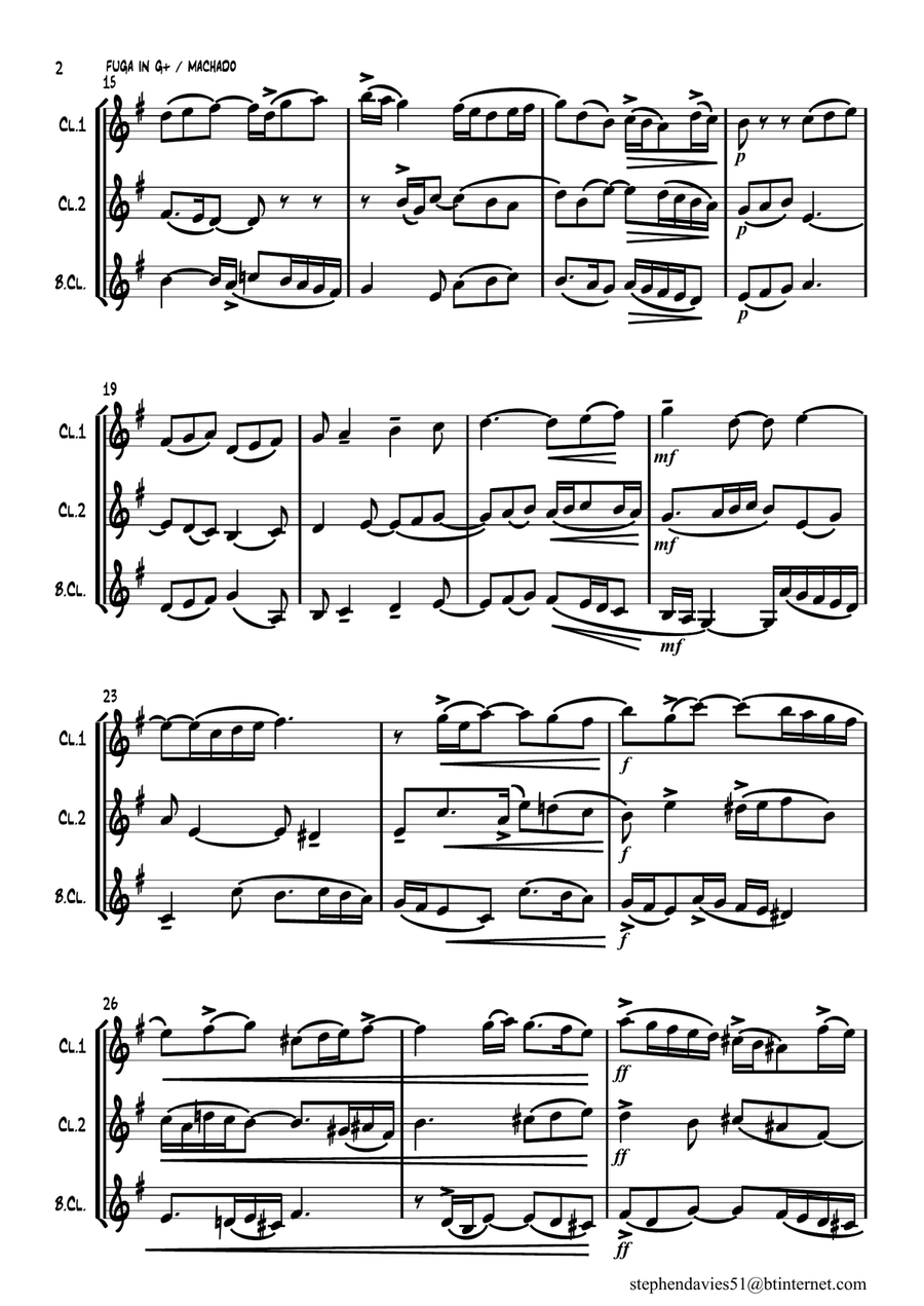 'Fuga in G Major' by Augusto de Oliviera Machado for Clarinet Trio. Clarinet Trio scores gallery preview page 2