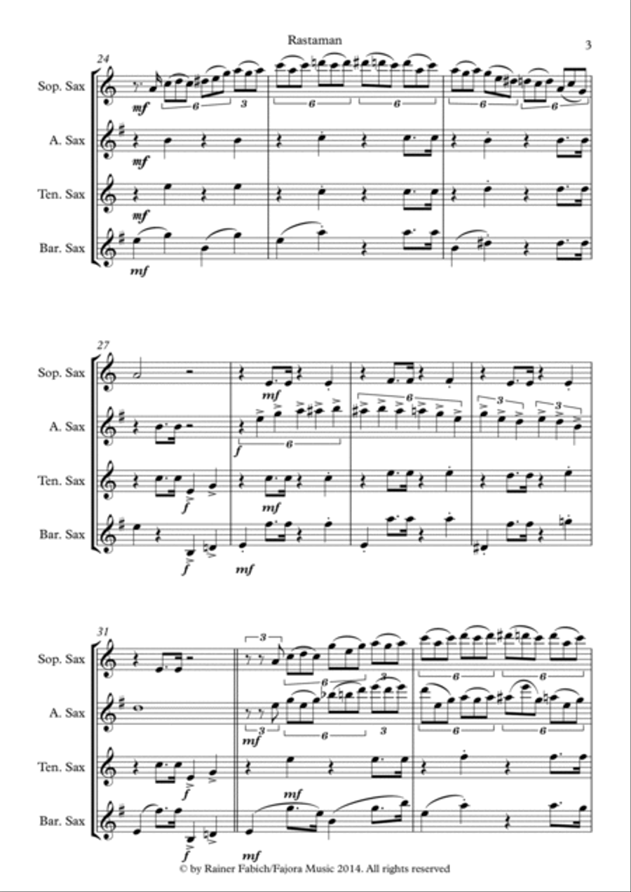 Rastaman from Five Sax Reggaes Woodwind Quartet scores gallery preview page 4