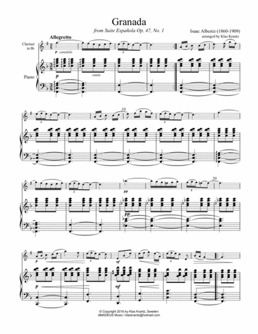 Granada from Suite Espanola for clarinet in Bb and piano image number null