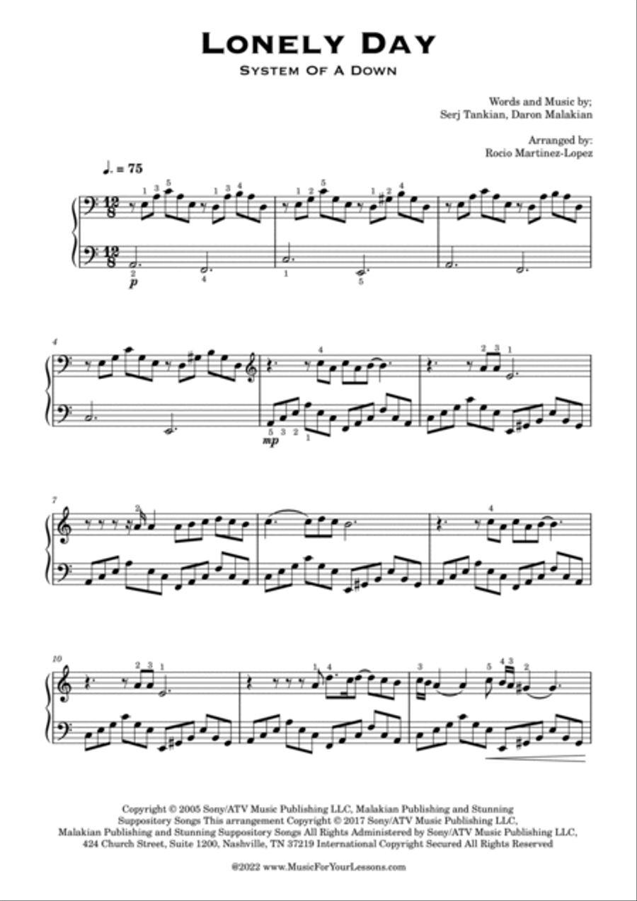 Lonely Day Piano Solo scores gallery preview page 2