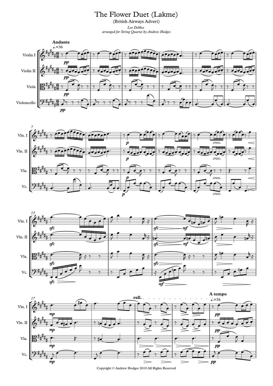 Flower Duet (Lakme) Delibes arranged for String Quartet by Andrew Hodges - (British Airways Advert) String Quartet scores gallery preview page 1