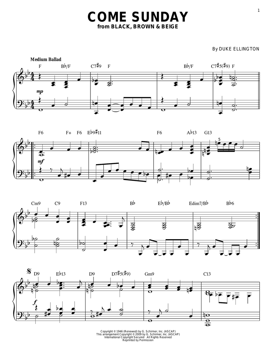 Come Sunday Piano Solo scores gallery preview page 1