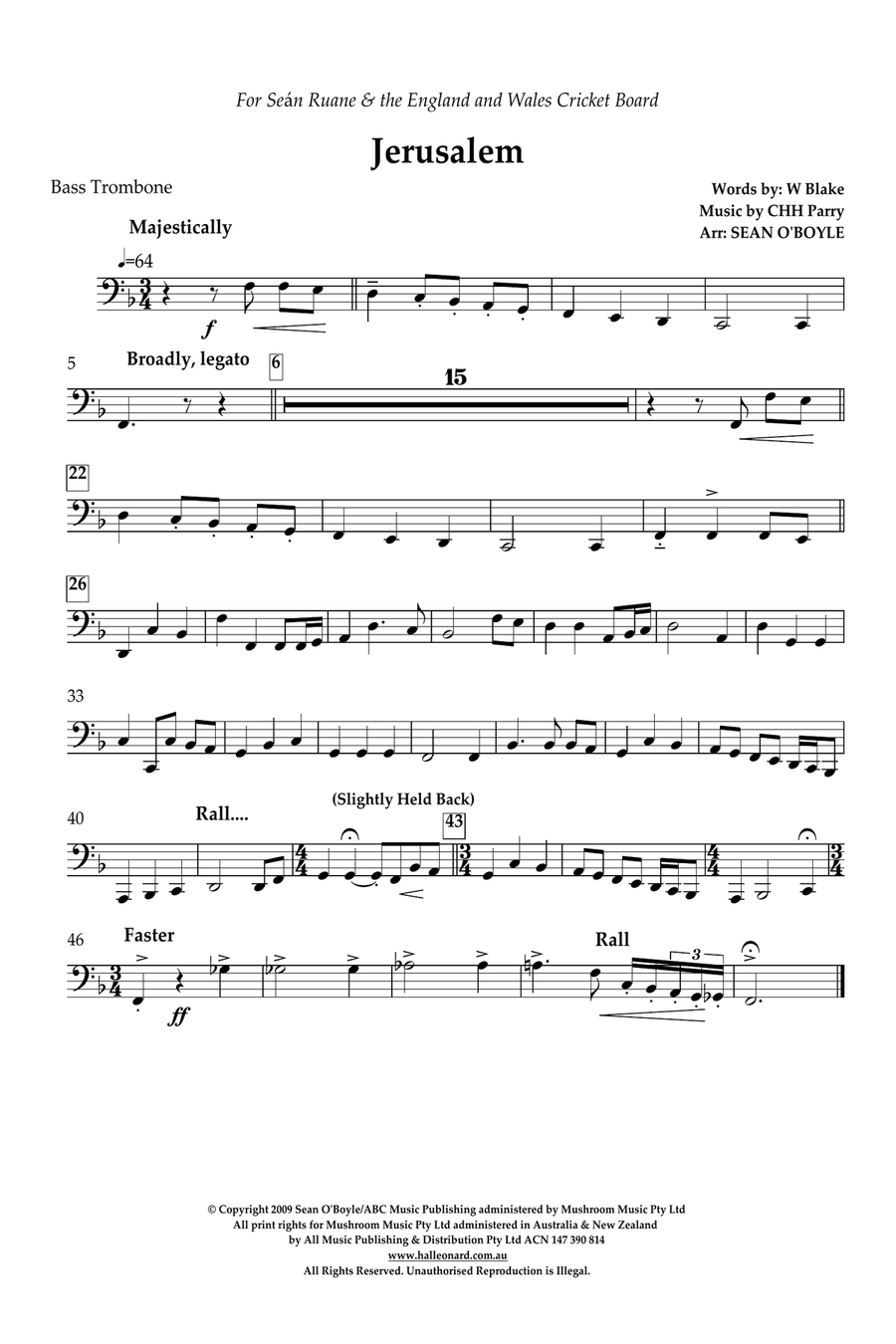 Jerusalem (in key of F) - Bass Trombone Orchestra scores gallery preview page 1