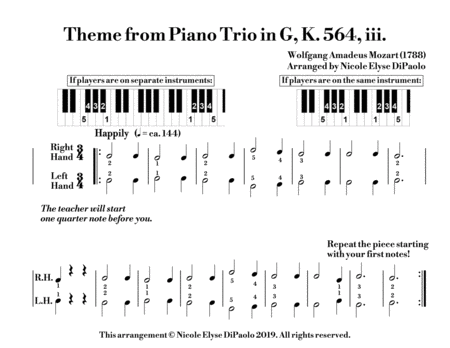 Theme from Piano Trio in G K564, III - Proto-Notation Beginner Arrangement w/ Teacher Duet (2P4H or image number null