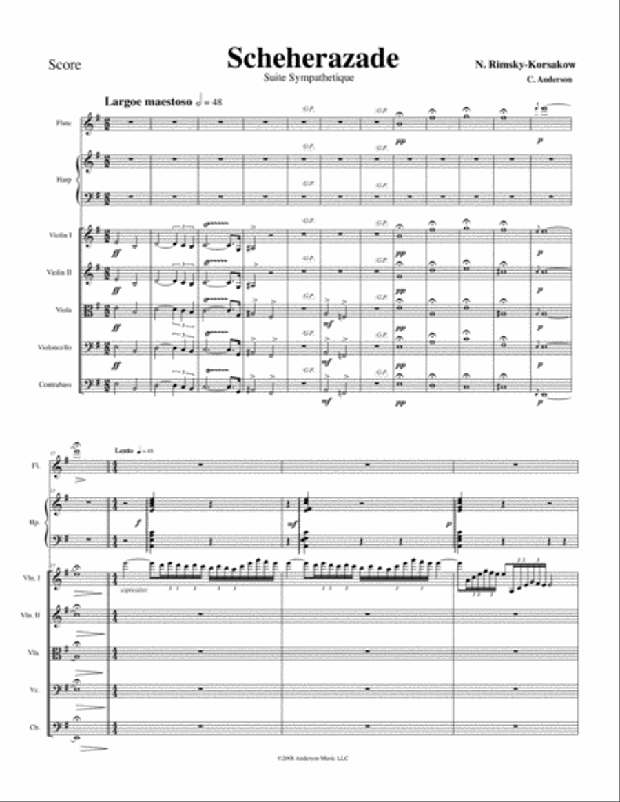 Scheherazade arranged for flute, harp and string quintet, full score Large Ensemble scores gallery preview page 3