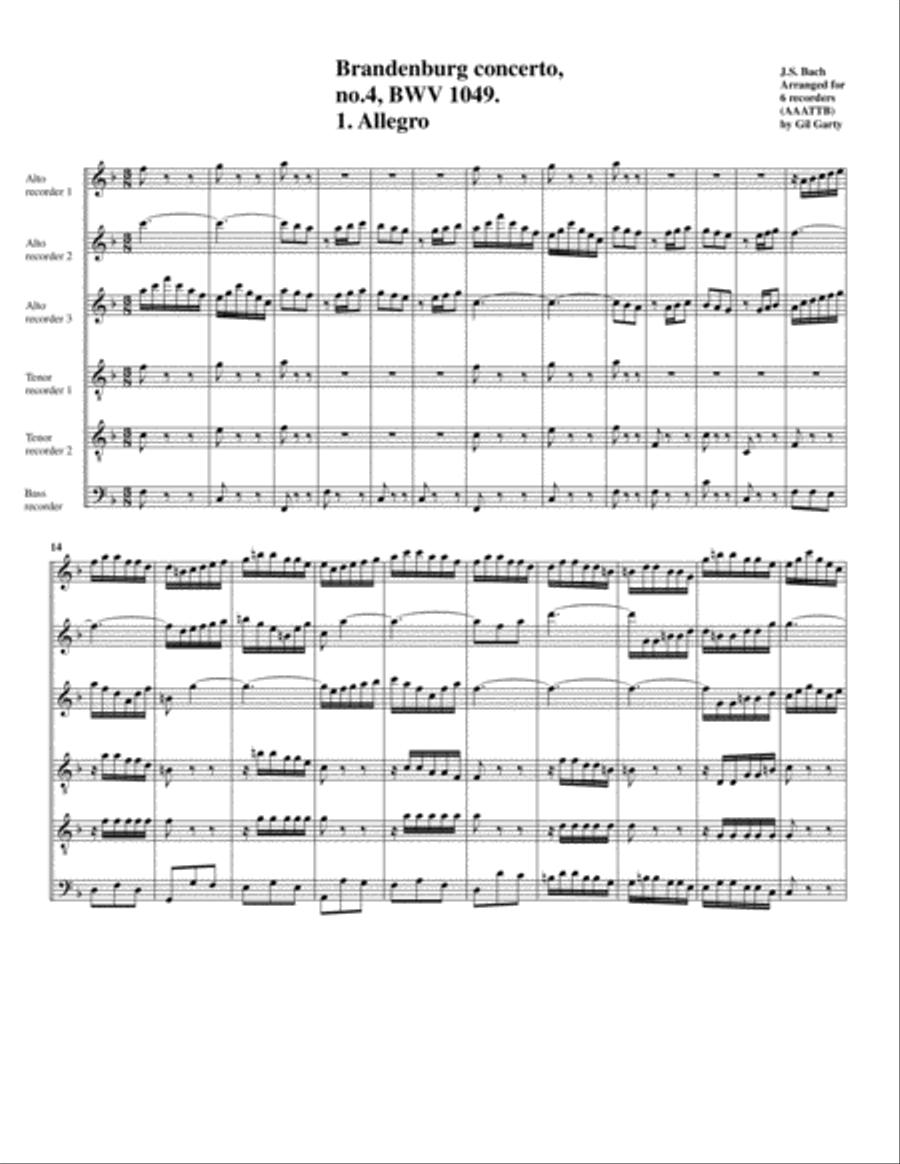 Brandenburg concerto no.4, BWV 1049 (arrangement for 6 recorders) Recorder scores gallery preview page 1