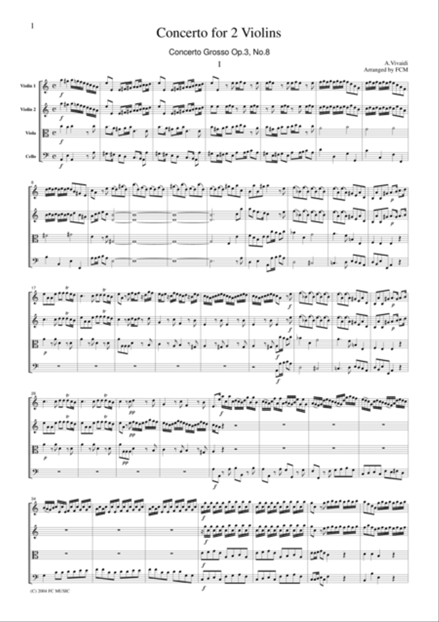 Vivaldi Concerto for 2 Violins in a moll, Op3, No.8, all mvts., for string quartet, CV105 String Quartet scores gallery preview page 1