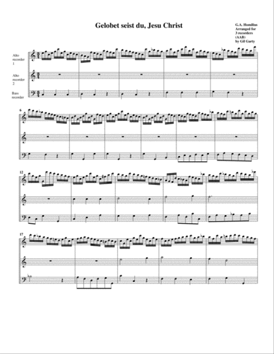 Gelobet seist du, Jesu Christ (arrangement for 3 recorders) Recorder scores gallery preview page 1