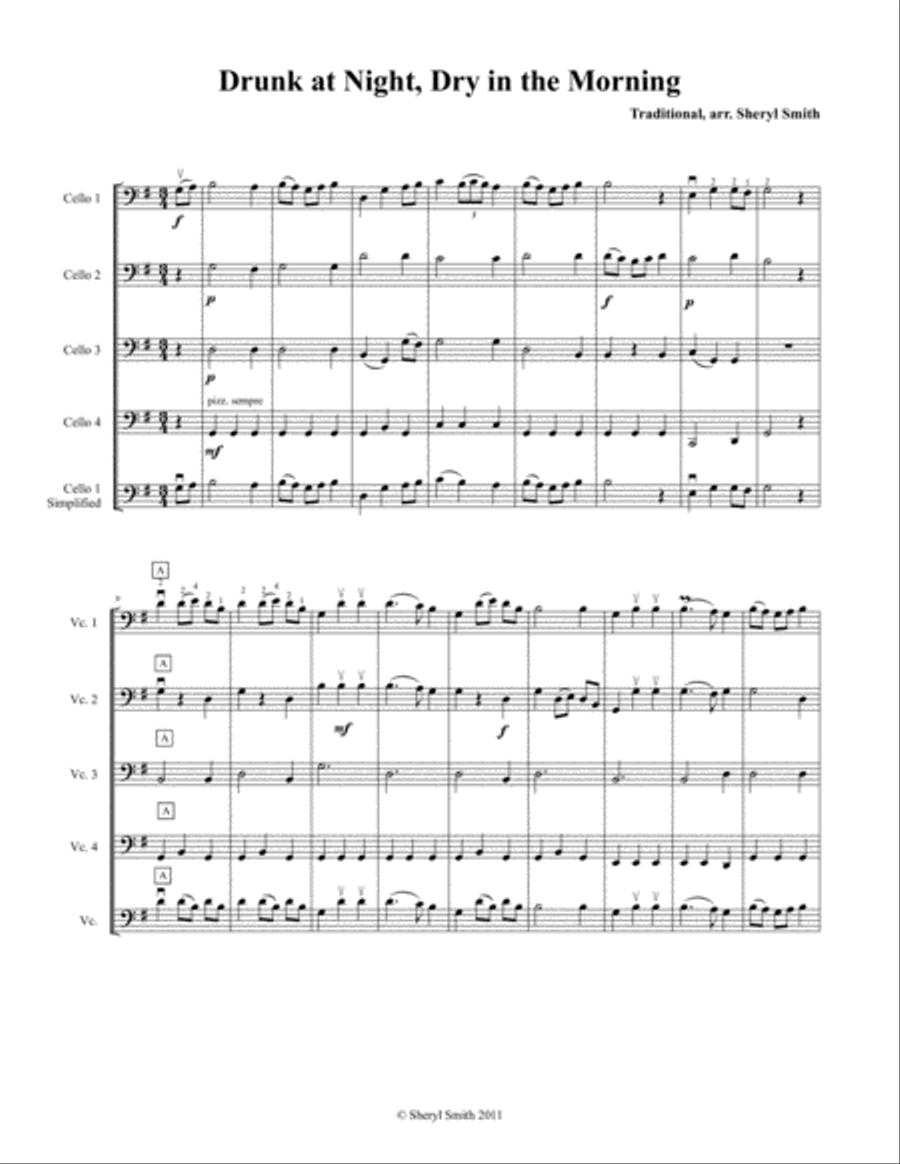 Drunk at Night, Dry in the Morning for beginner cello quartet (four cellos) Cello scores gallery preview page 1