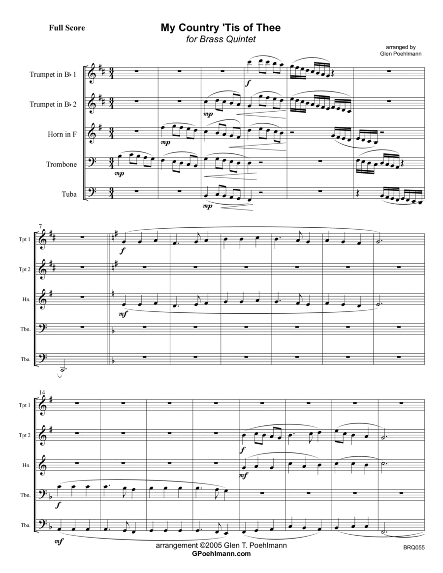MY COUNTRY TIS OF THEE - BRASS QUINTET (or Sextet) - unaccompanied Brass Quintet scores gallery preview page 1