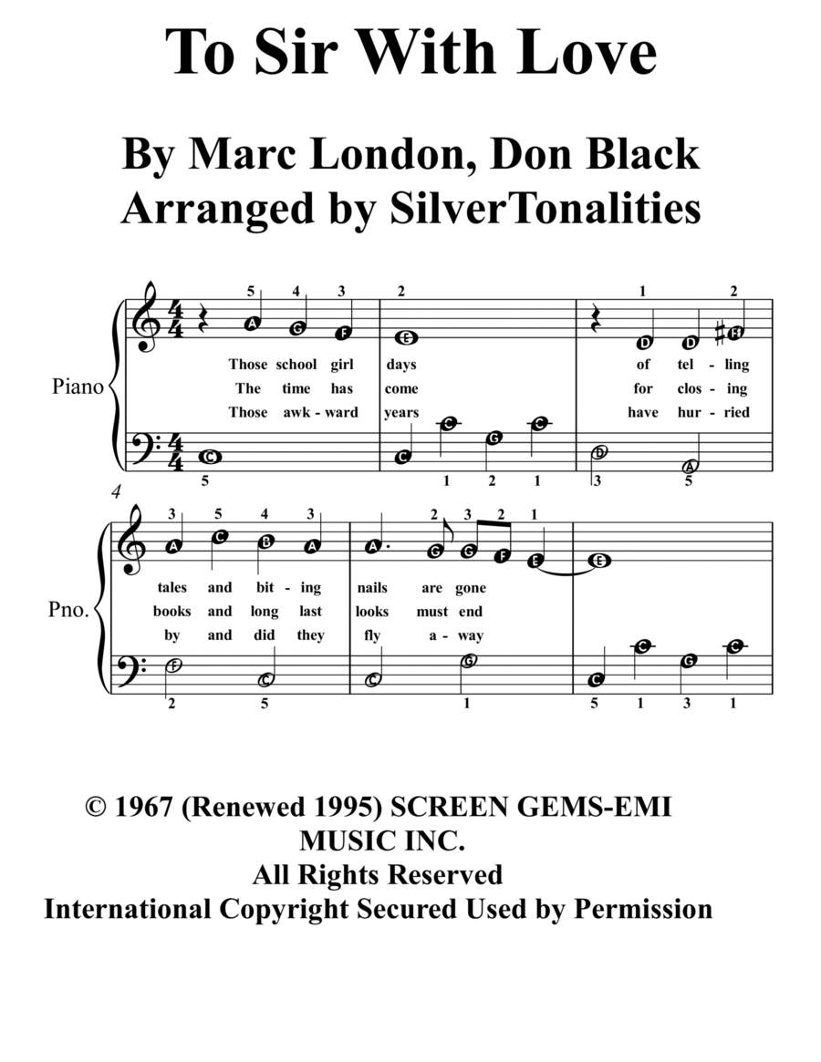 To Sir, With Love Easy Piano scores gallery preview page 1