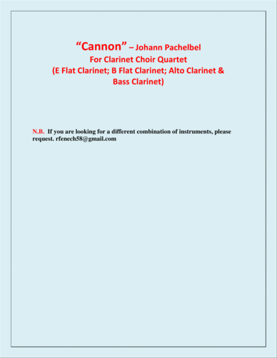 Canon - Johann Pachebel - Clarinet Choir Quartet (E Flat Clarinet; B Flat Clarinet; Alto Clarinet an Clarinet Quartet scores gallery preview page 3