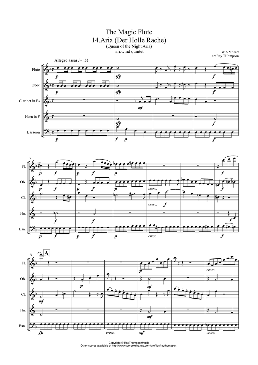 Mozart: The Magic Flute K620 No.14.Aria (Der Holle Rache) (Queen of the Night's Aria) - wind quintet Woodwind Quintet scores gallery preview page 1