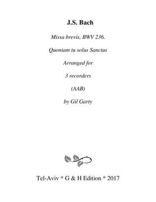 Book cover for Quoniam tu solus Sanctus from Missa brevis, BWV 236 (arrangement for 3 recorders)
