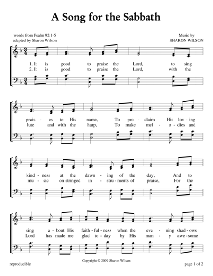 A Song for the Sabbath - Psalm 92 (Sabbath Celebration) Voice scores gallery preview page 1