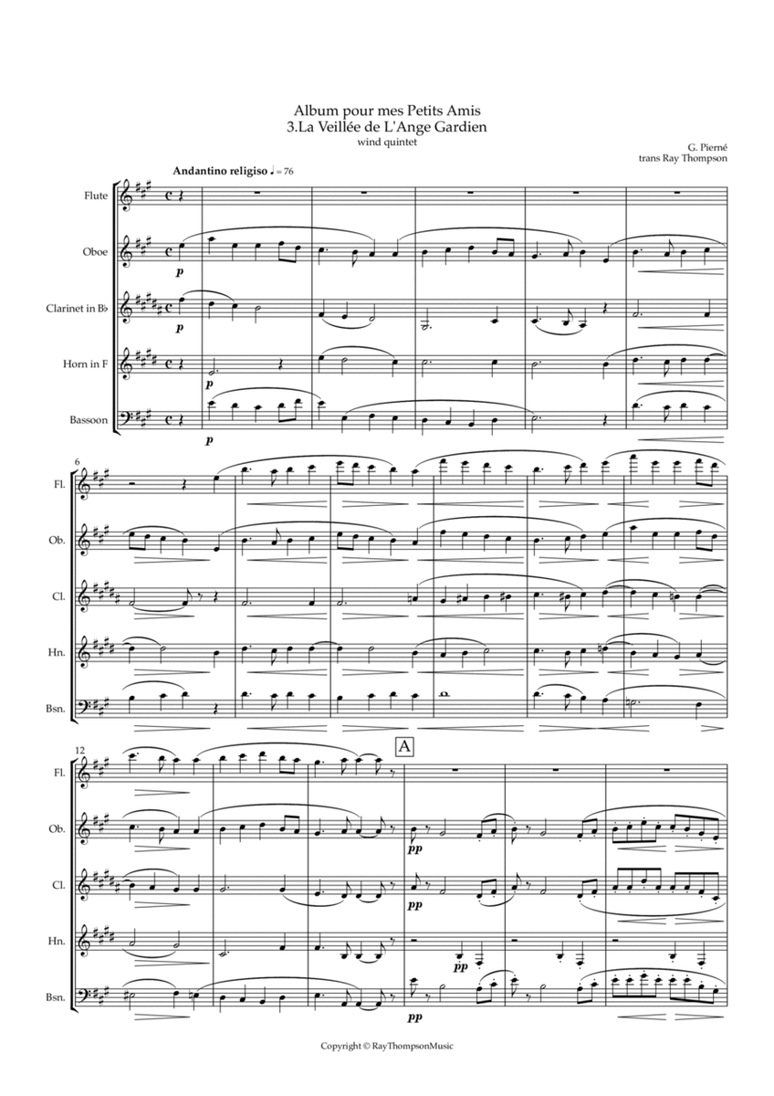 Pierné: Album pour mes Petits Amis Op.14 - 3.La Veillée de L'Ange Gardien - wind quintet image number null