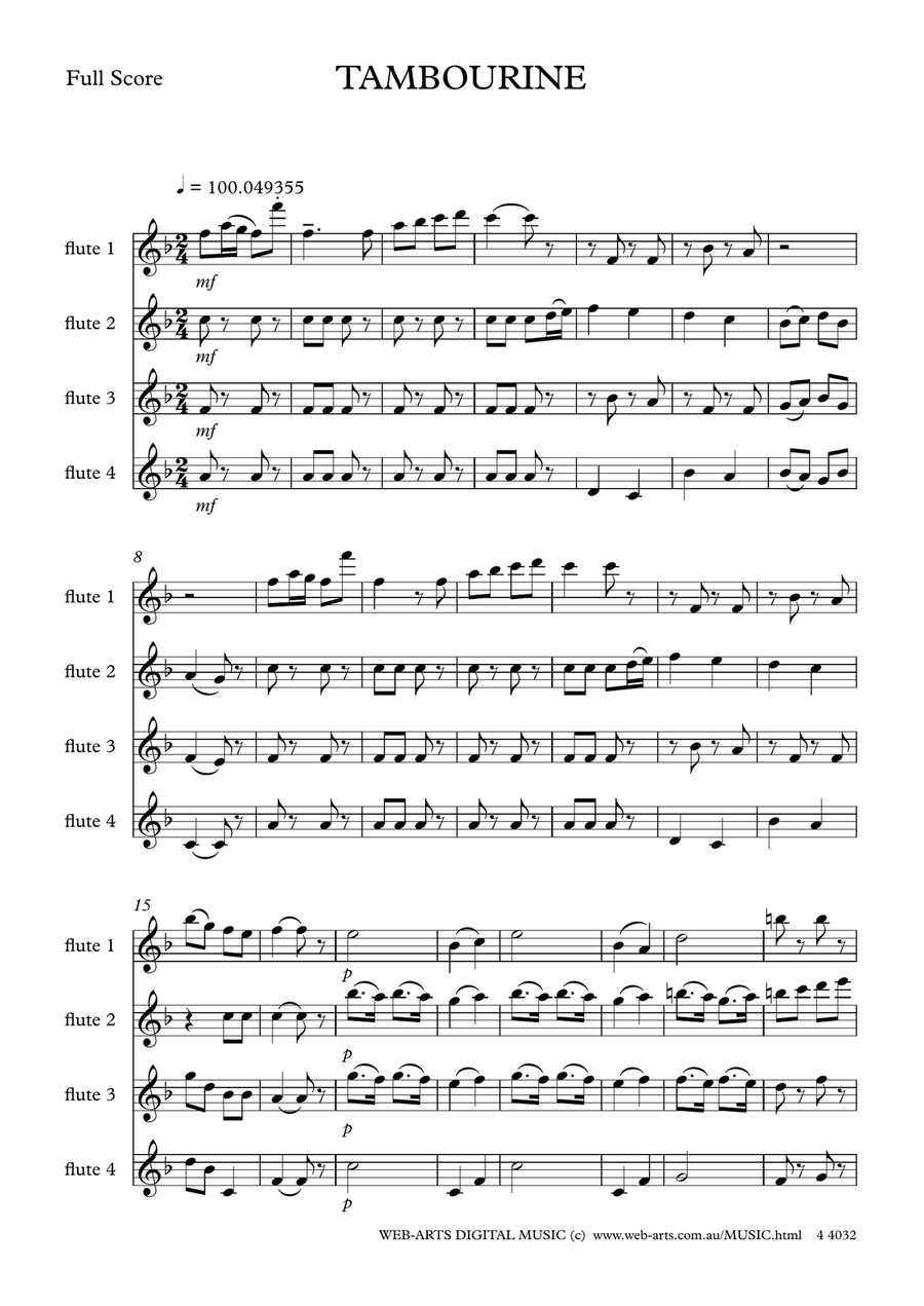 TAMBOURINE for 4 flutes - GOSSEC Flute Quartet scores gallery preview page 2